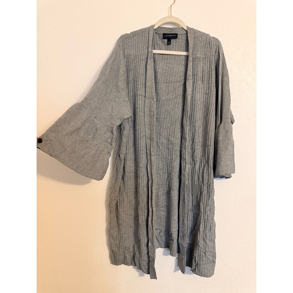 Lane Bryant Gray Ribbed Open Front Duster Cardigan Bell Sleeve Plus Size 26/28